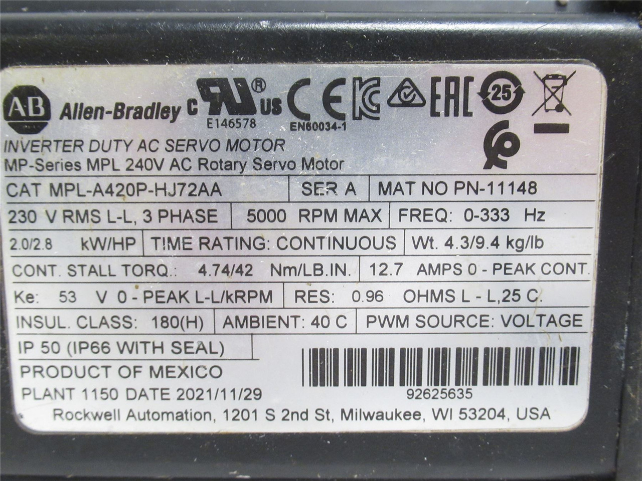Allen-Bradley MPL-A420--HJ72AA; Servo Motor; 2.8HP; 240VAC
