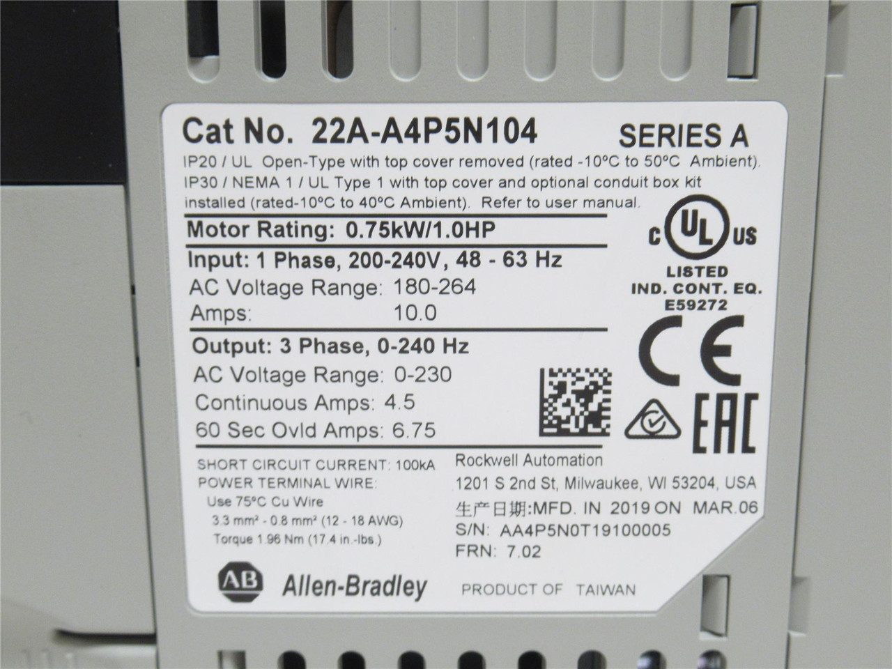 Allen-Bradley 22A-A4P5N104; AC Drive 1HP 240VACIN-1ph OUT-3ph