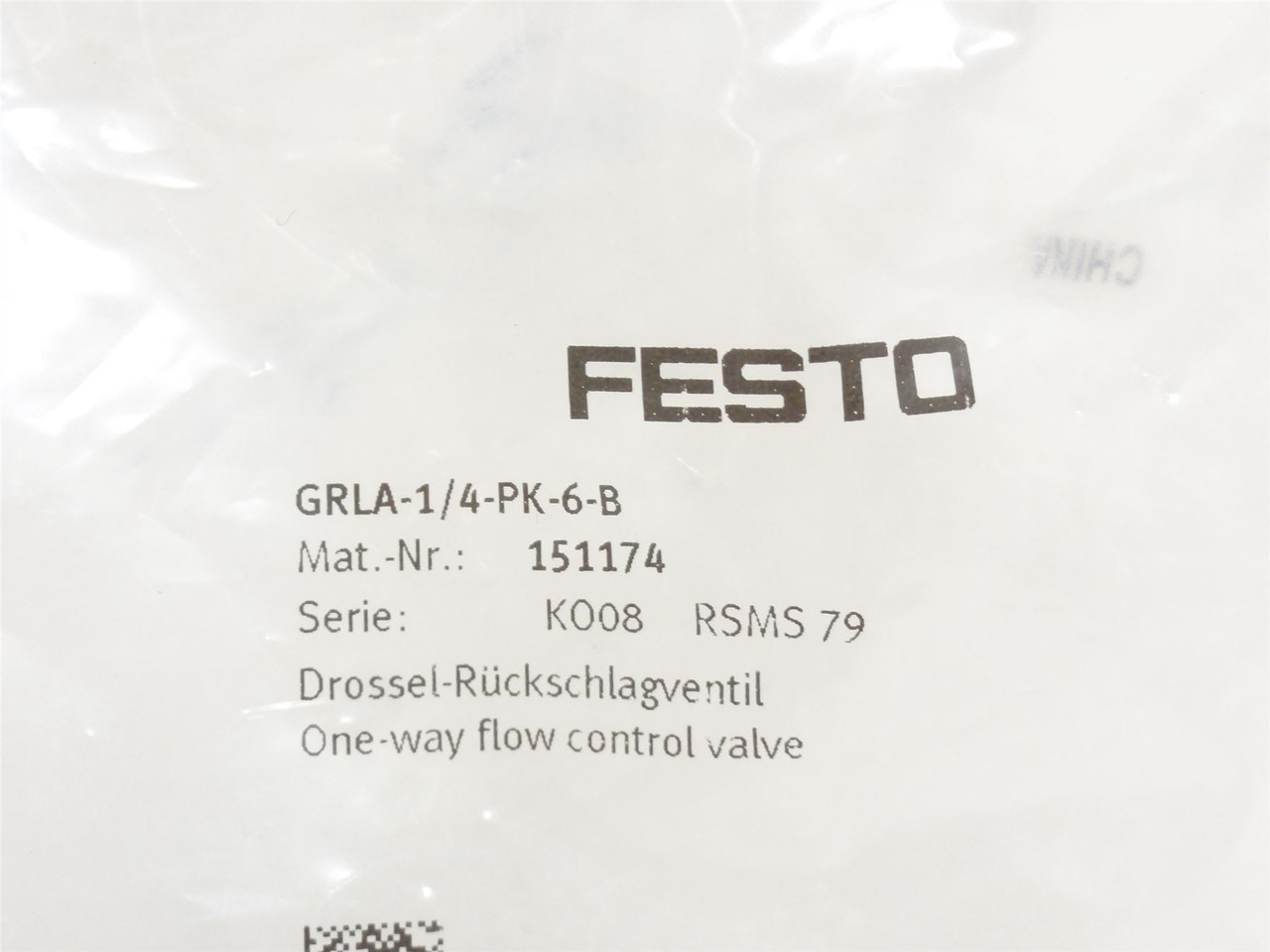 Festo GRLA-1/4-PK-6-B; One-Way Flow Control Valve 151174