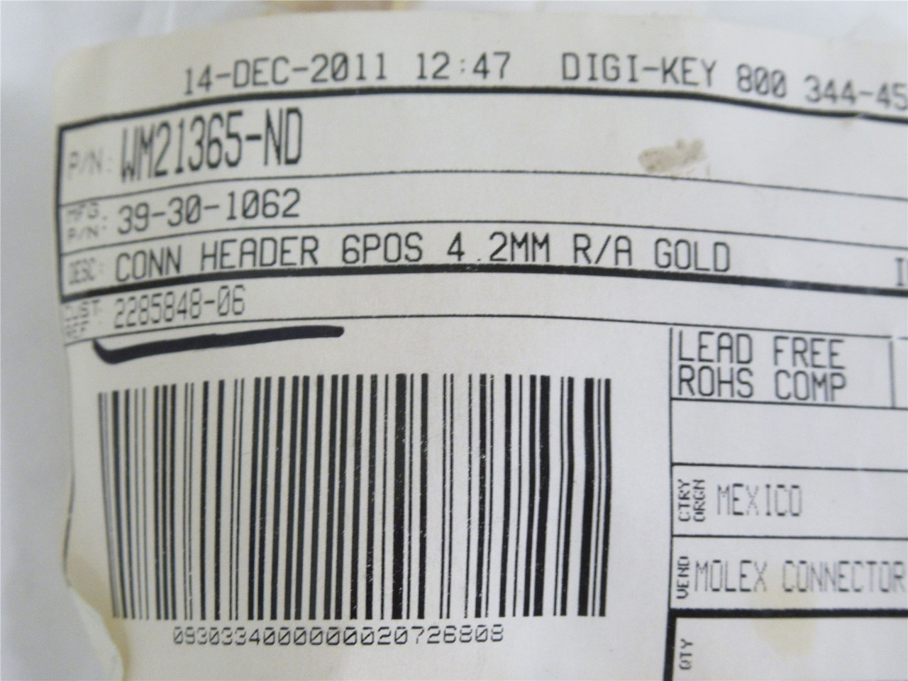 Molex 39-30-1062; Lot-19 Connector Header; 6-Position; 4.2mm
