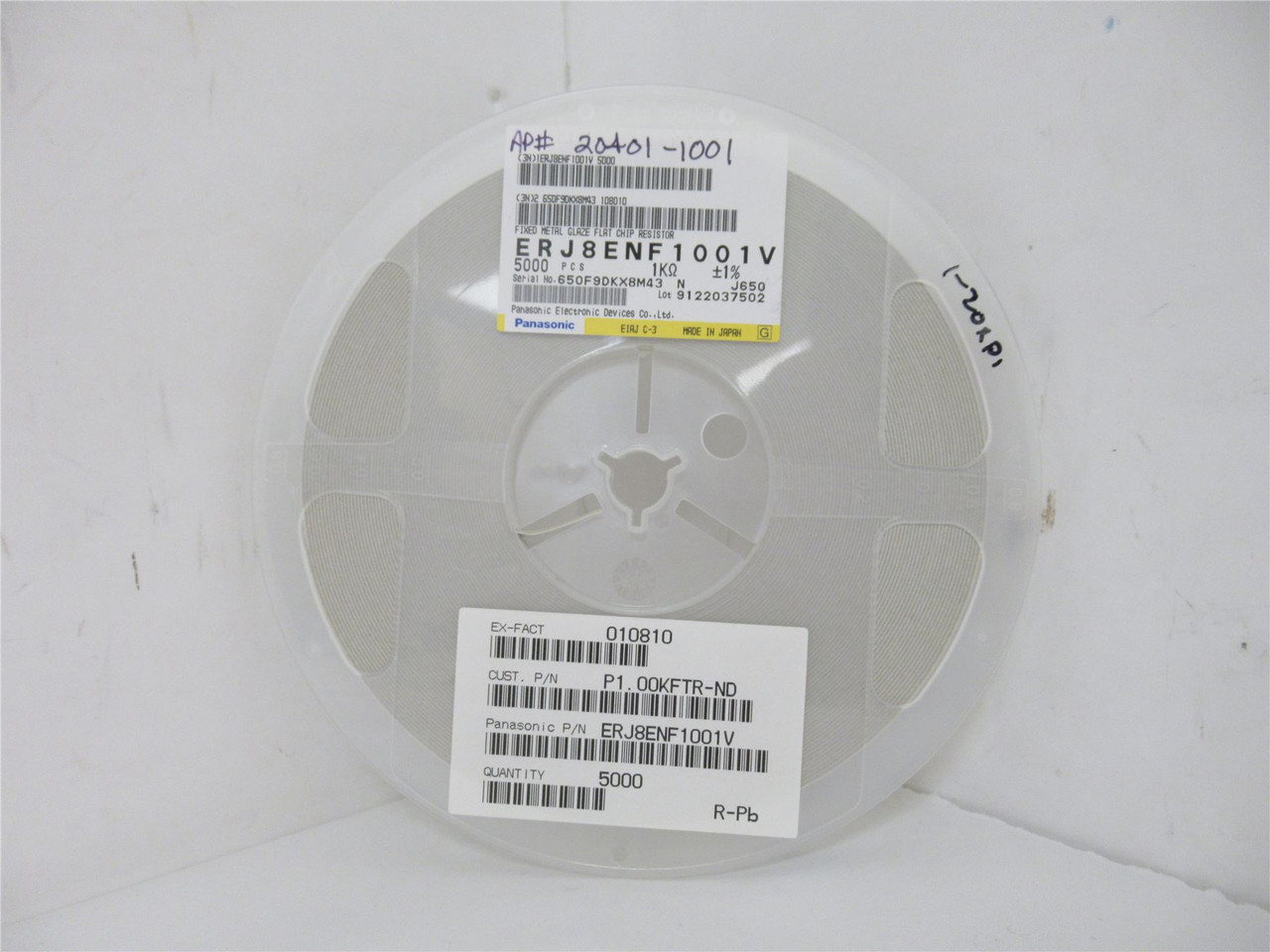 Panasonic ERJ8ENF1001V; Lot-5000 Chip Resistor; 1Kohm; +-1%