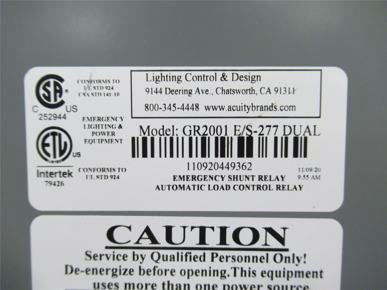Lighting Control & Design  GR2001-E/S-277-DUAL; Control Relay
