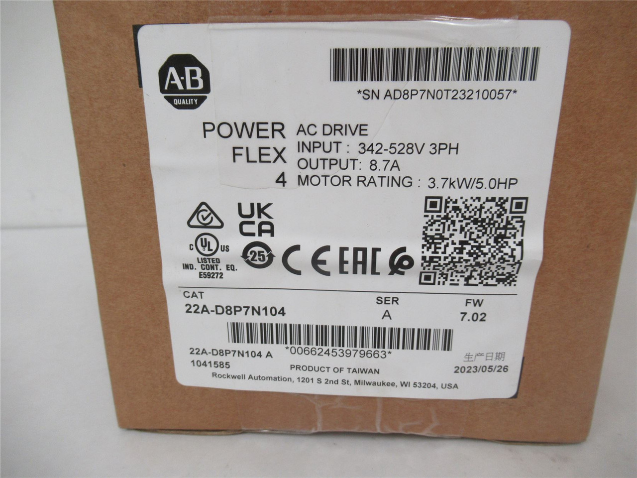 Allen-Bradley 22A-D8P7N104; PowerFlex AC Drive 5HP 460VAC