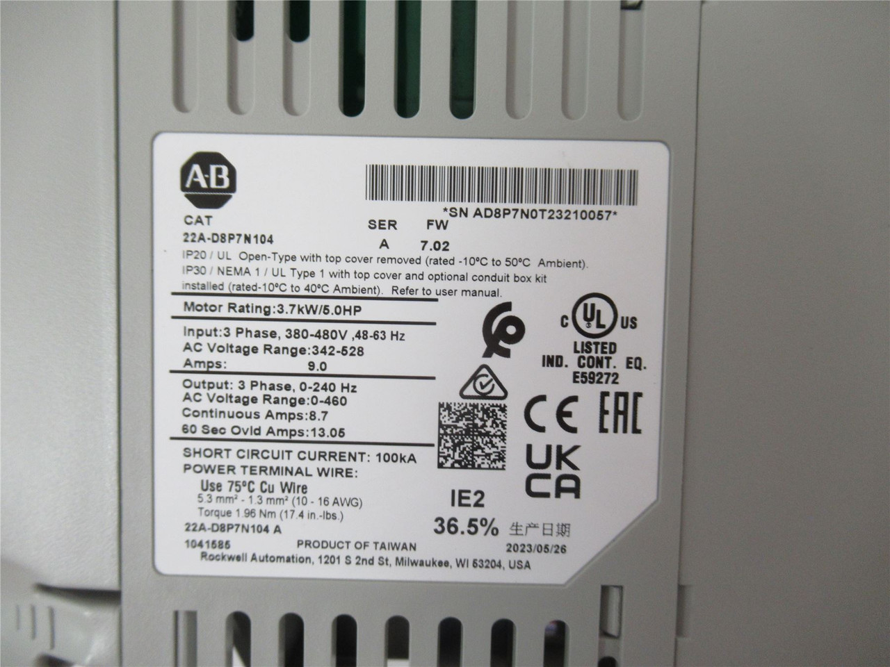 Allen-Bradley 22A-D8P7N104; PowerFlex AC Drive 5HP 460VAC