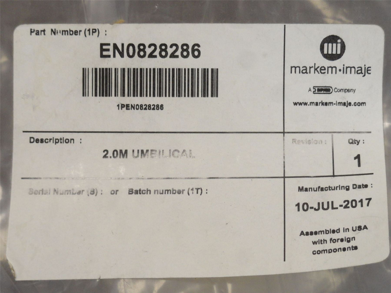 Markem-Imaje EN0828286; Umbilical Cord Assembly; 2m Length