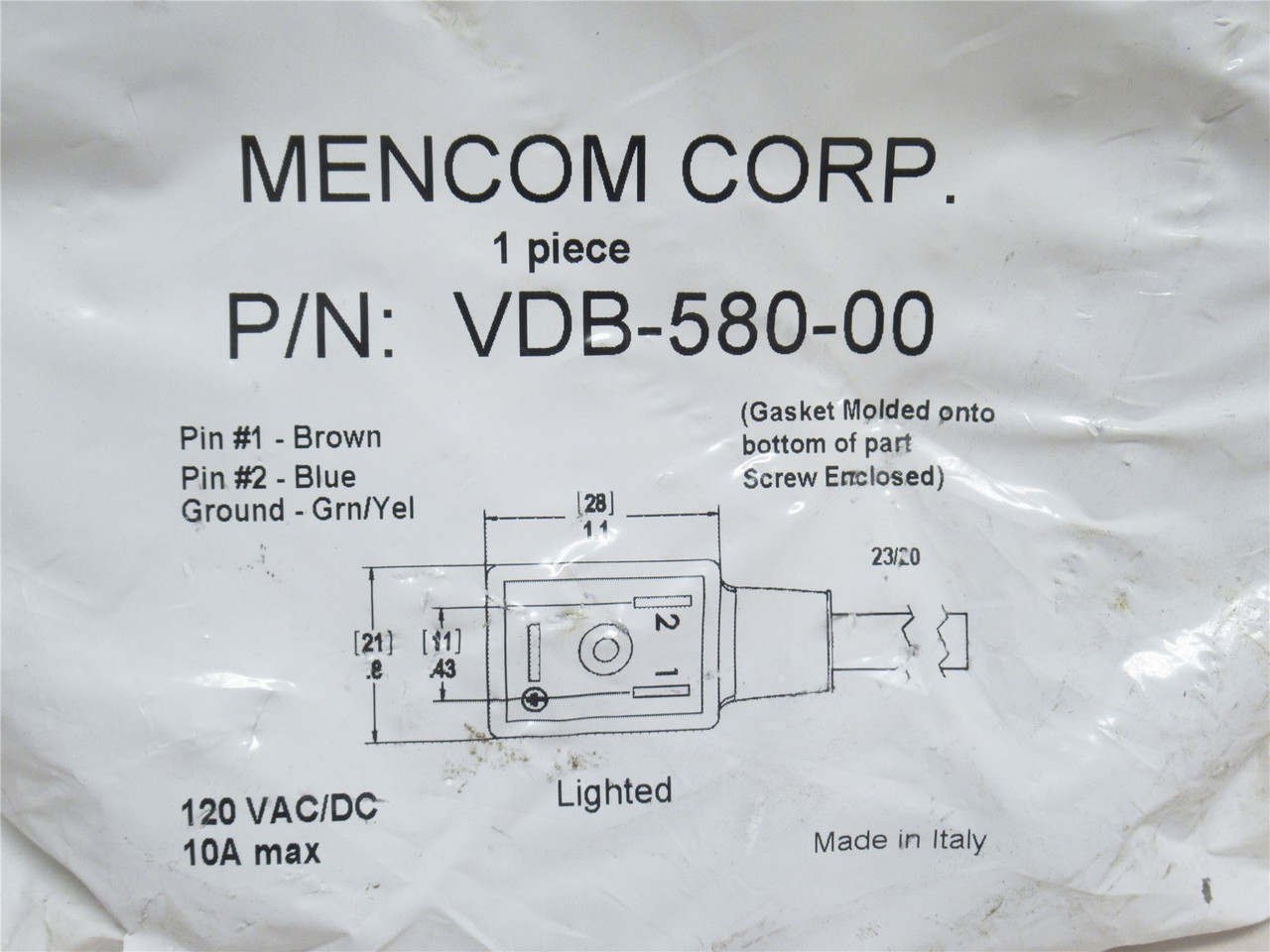 Mencom VDB-580-00; Solenoid Valve Connector Cable; 120VAC/DC