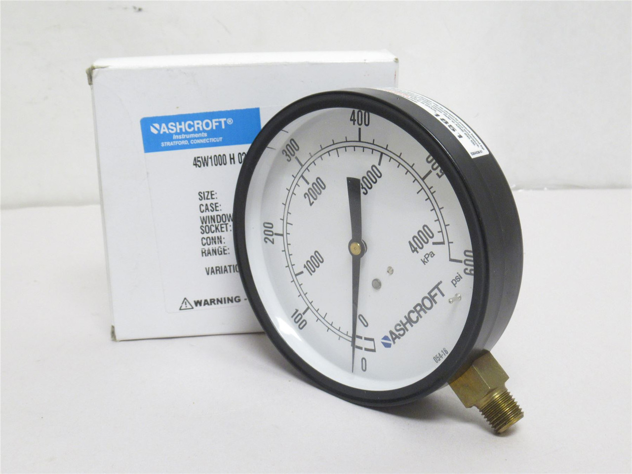 Ashcroft 45W1000H02L600; Pressure Gauge 0-600PSI; 4-1/2" Dial