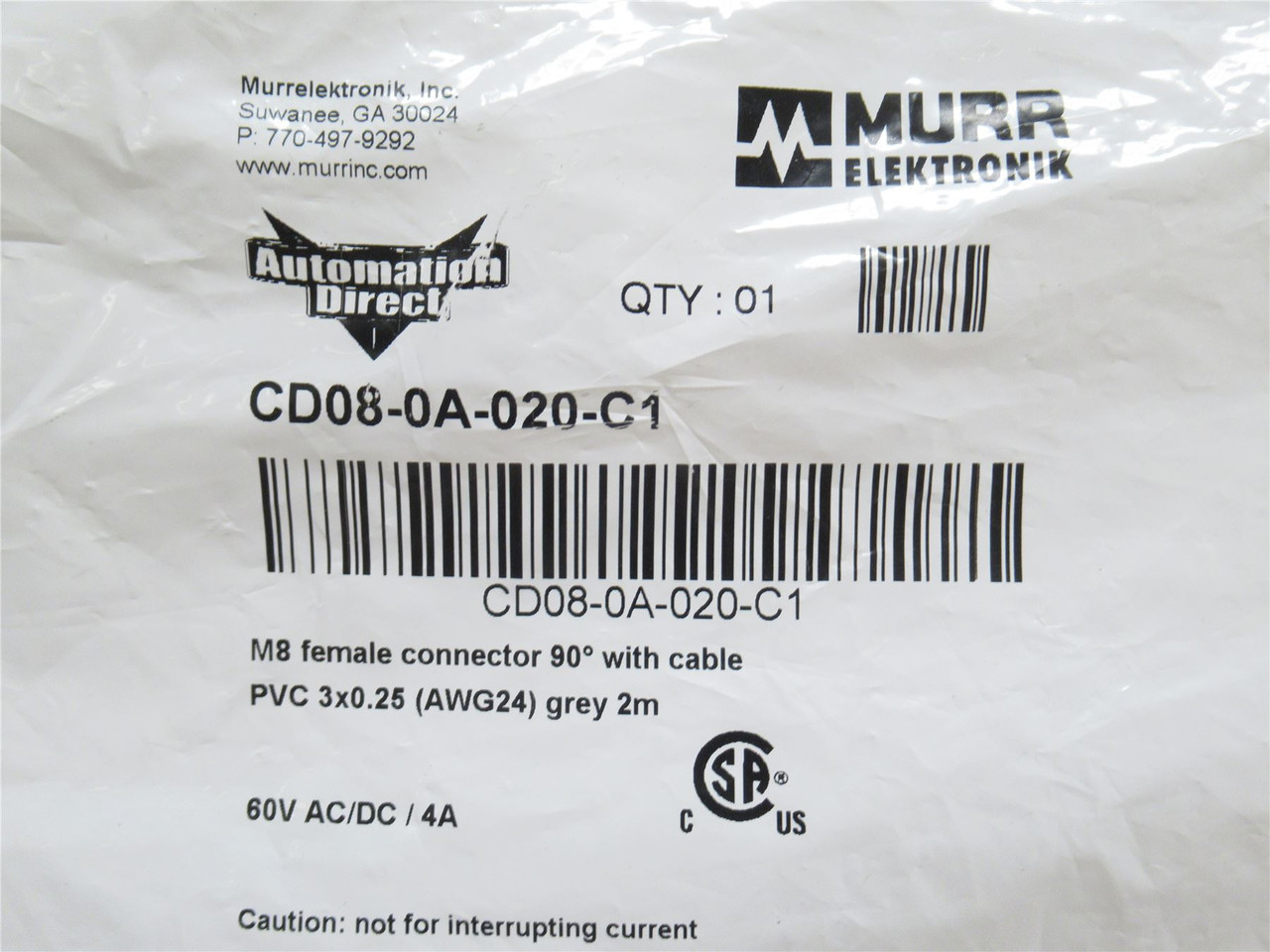 Automation Direct CD08-0A-020-C1; Connector Cable; M8; 6.5' L