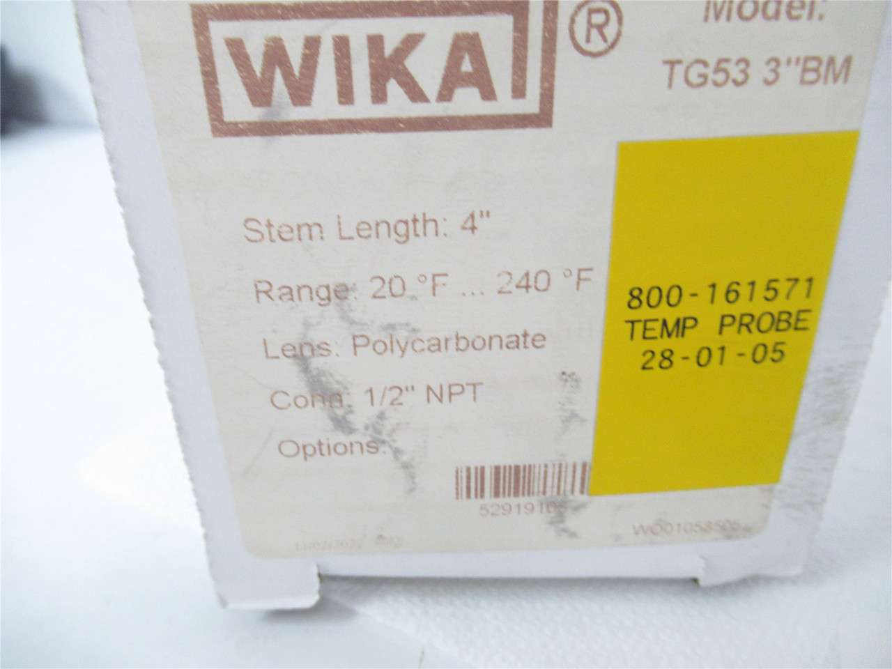 WIKA TG53 3" BM; Thermometer Bimetal Probe 20-240degF 1/2"NPT