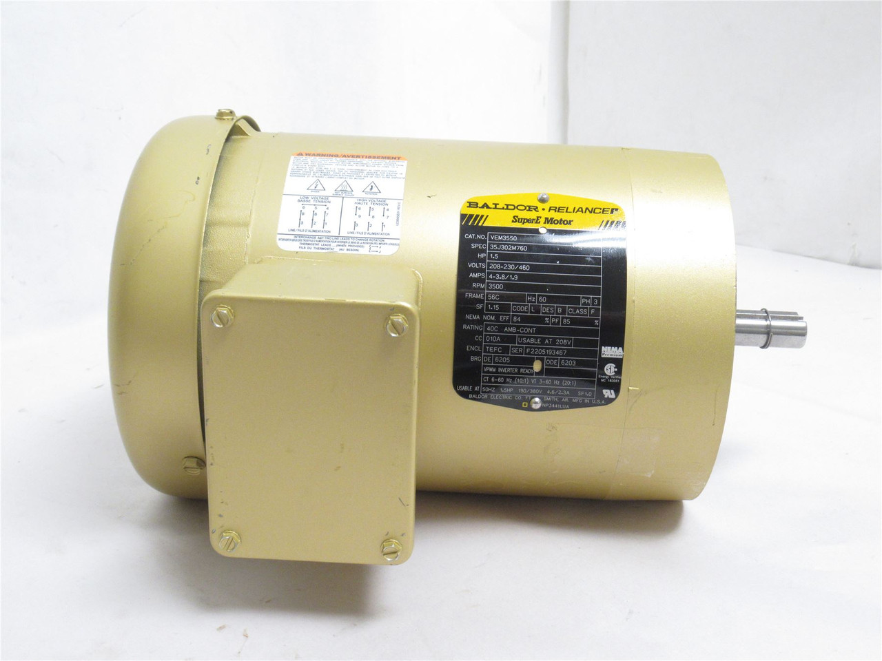 Baldor VEM3550; AC Motor 1-1/2HP; 230/460V; 3500RPM; 3PH; 60Hz