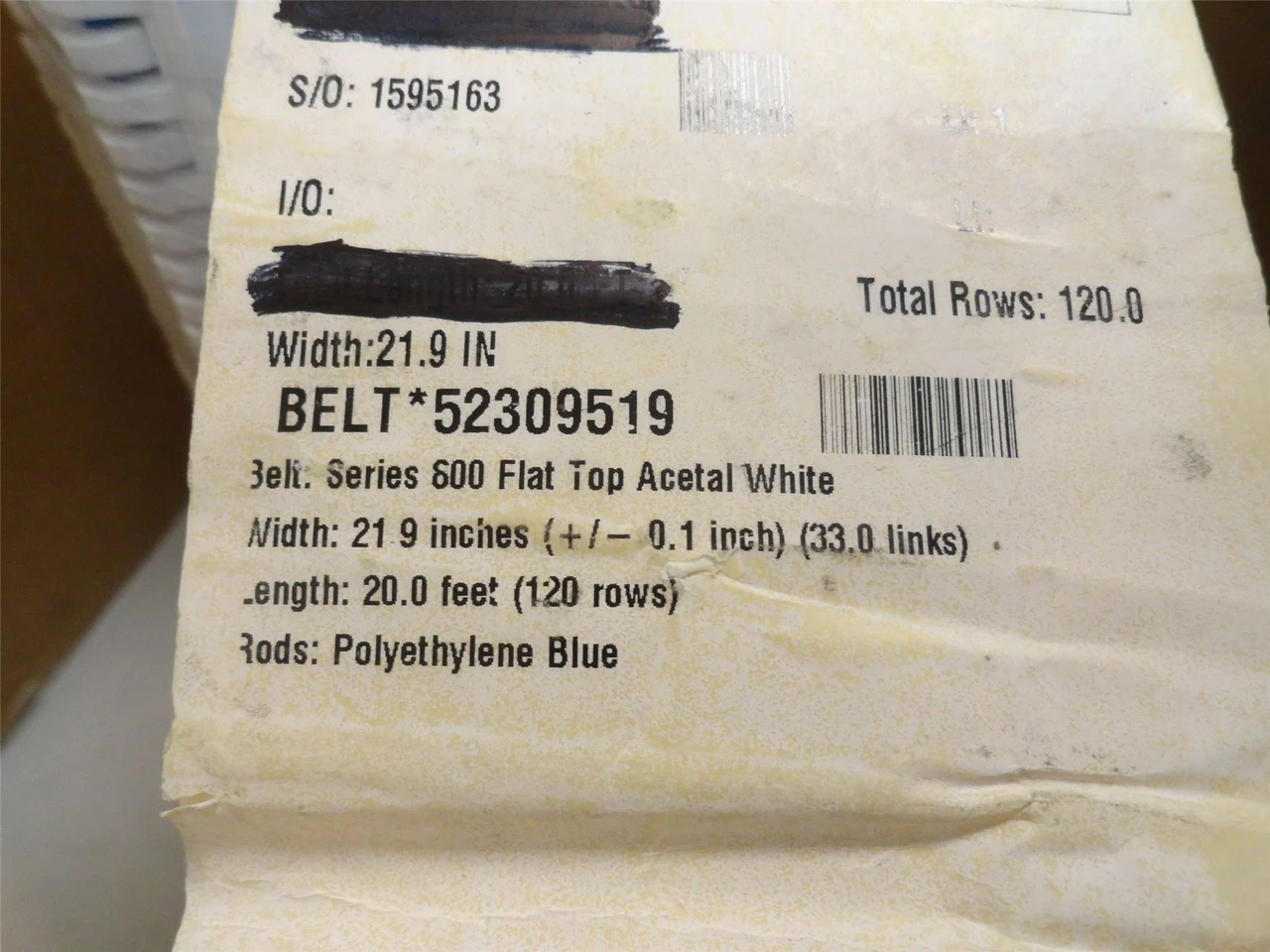 Intralox S600-22-8; Flat Top Belt; 22" Width x 8' Long