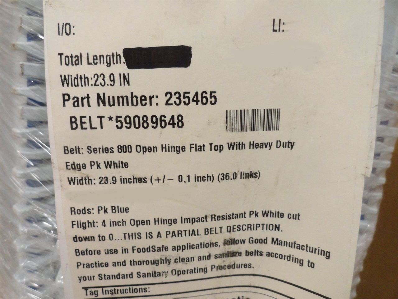 Intralox S800-24-9; Open-Hinge Flat Top Belt; 24" x 9' L