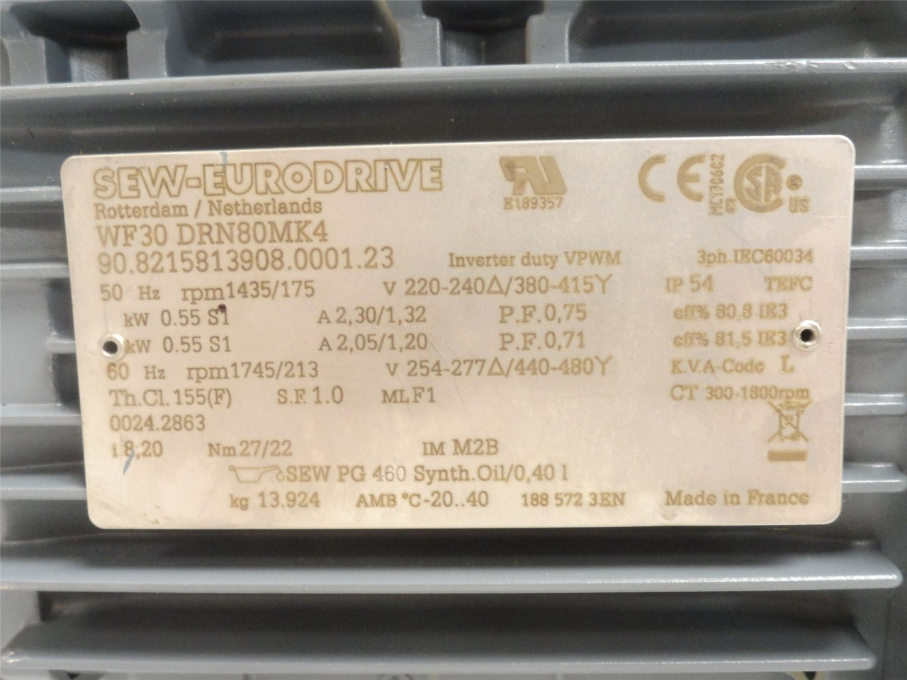 SEW WF30DRN80MK4; AC Gear Motor; 8.2:1 Ratio; 0.55kW 440VAC