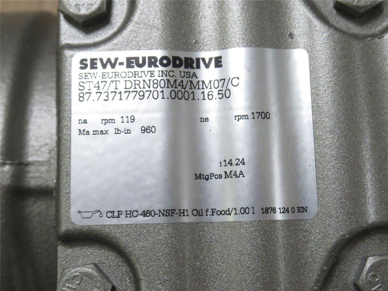 SEW ST47/TDRN80M4/MM07/C; AC Gearmotor; 14.24:1 Ratio; 1HP