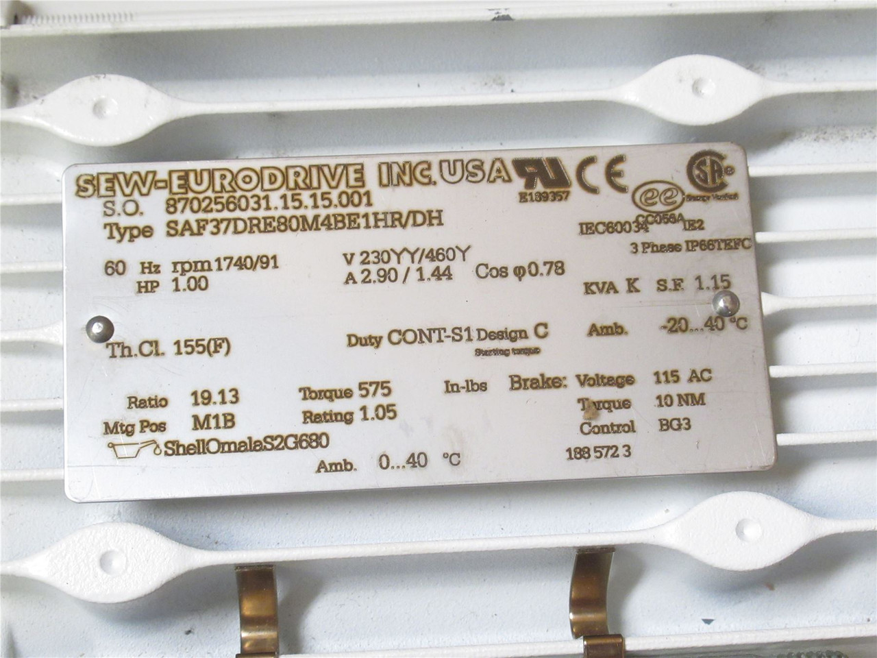 SEW SAF37DRE80M4BE1HR/DH; AC Gear Motor; 1HP; 19.13:1 Ratio