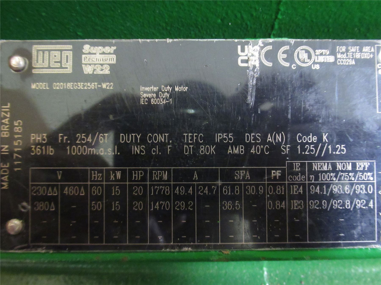 WEG 02018EG3E256T-W22; AC Motor; 20HP; 230/460V; 1778RPM; 3PH