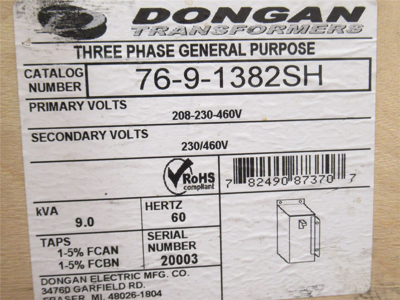 Dongan 76-9-1382SH; Transformer; GP; 208-460VAC; 9kVA