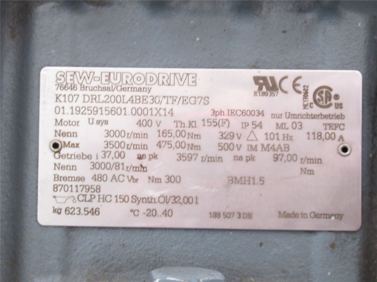 SEW 01.1925915601.0001X14; Gear Motor; 480VAC 118A 37:1 Ratio