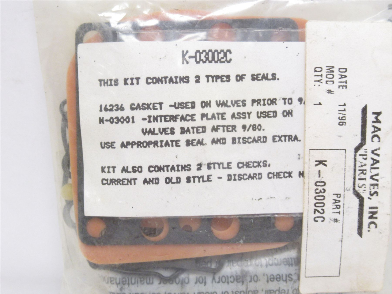 MAC K-03002C; Valve Repair Kit; Sealed Bag