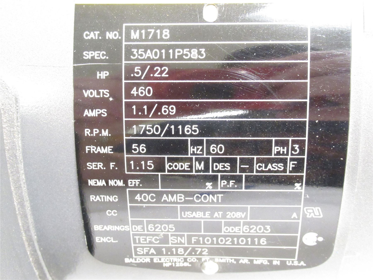 Baldor M1718; Two Speed Motor; 460V; .5/.22HP; 1750/1165RPM