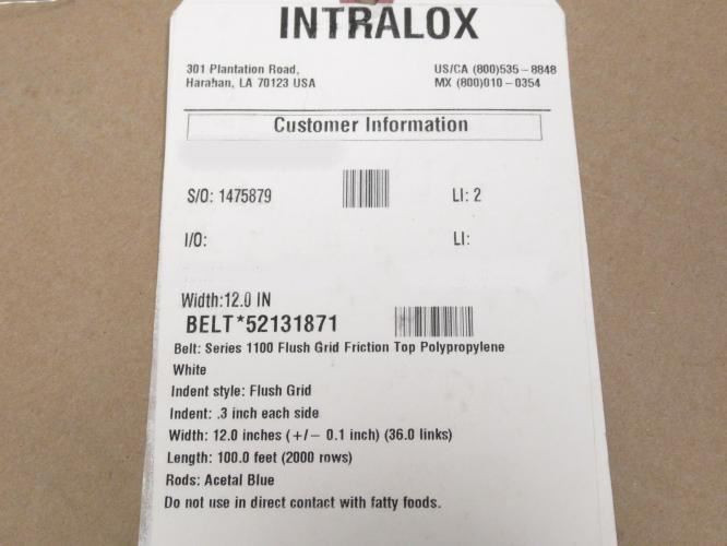 Intralox 52131871; Lot-2 Flighted Belt #1100; 12" W x 12.5' L