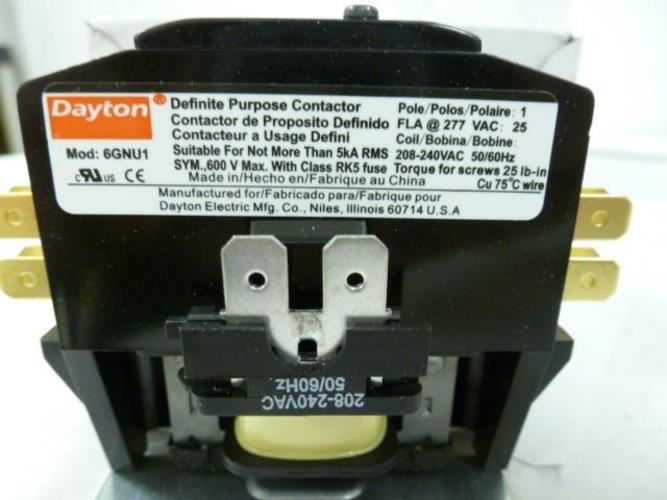Dayton 6GNU1; Compact Contactor 25A 1P 277VAC Coil: 208-240VAC