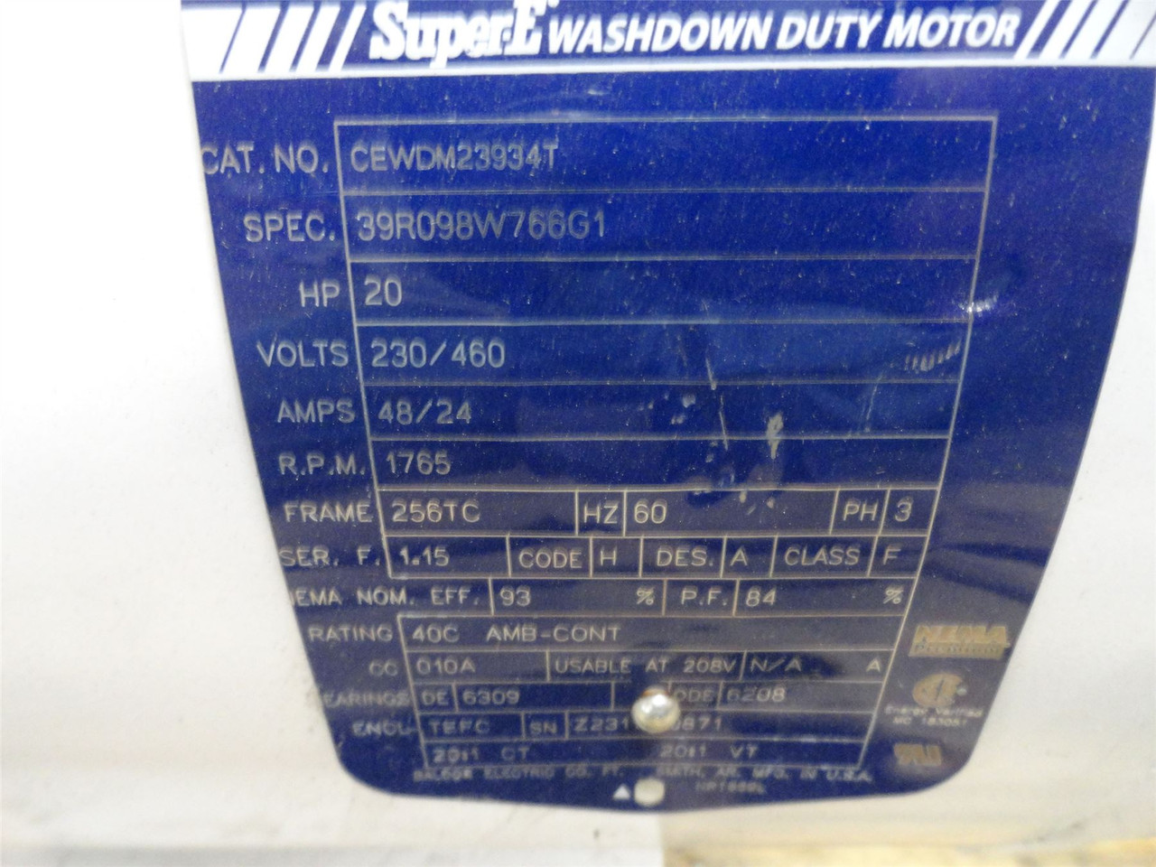 Baldor CEWDM23934T; AC Motor-Gearbox 8.3:1 Ratio 20HP 230/460V