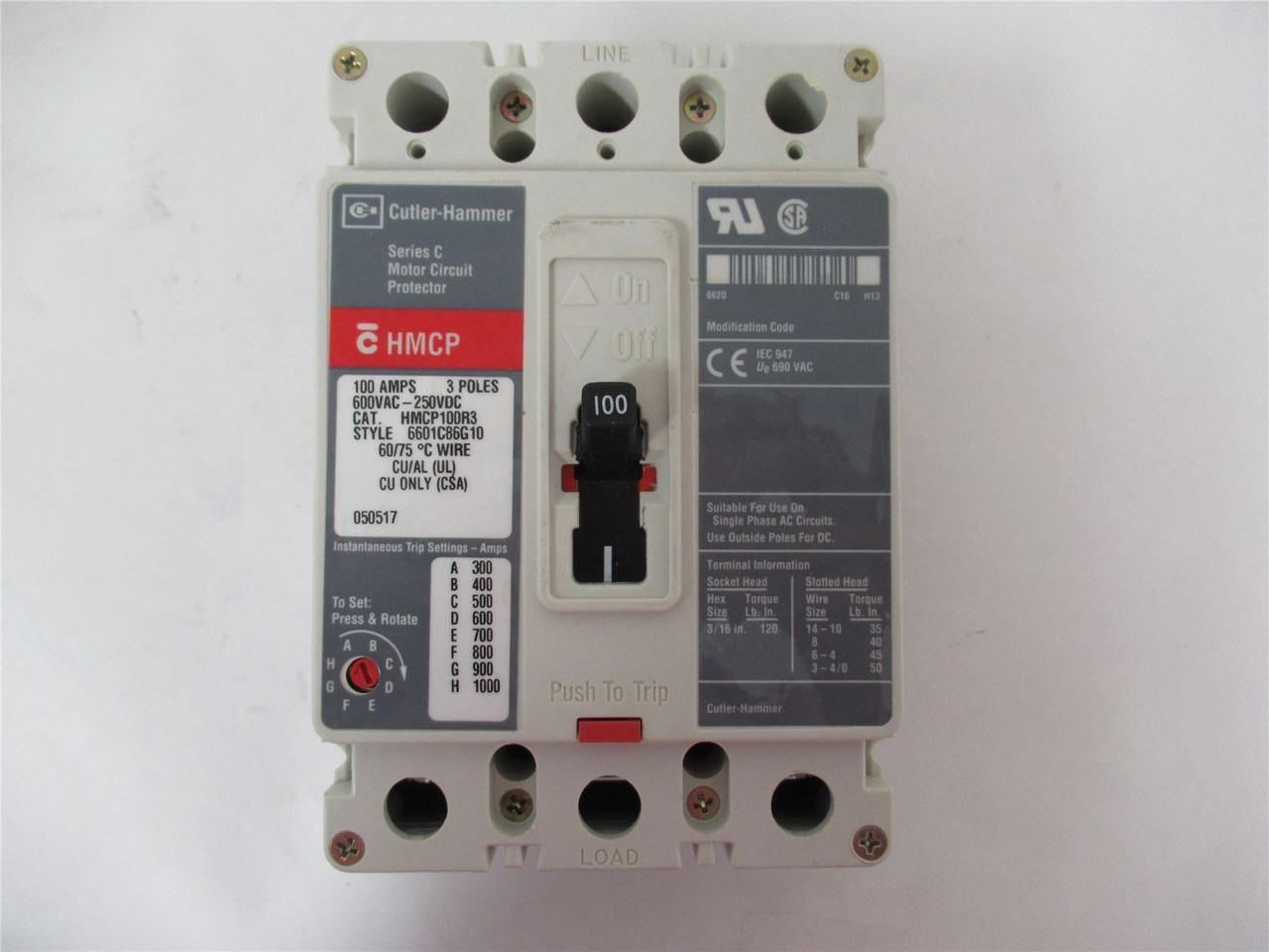 Cutler-Hammer HMCP100R3; Circuit Breaker 100Amp 3 Pole 600VAC