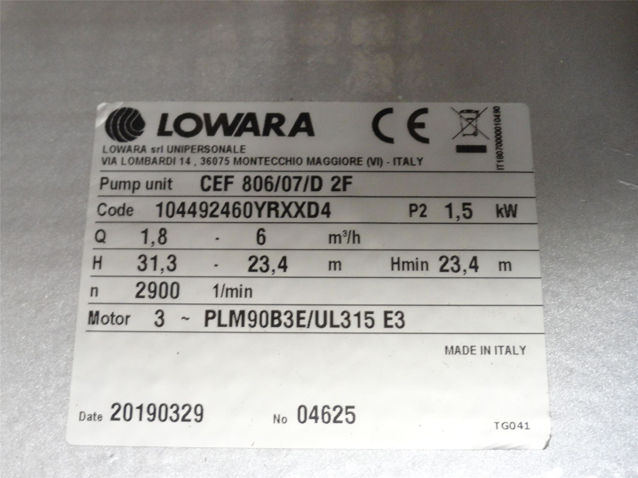 Lowara CEF806/07/D2F; Single-Impeller Pump 2HP 480VAC 3455RPM
