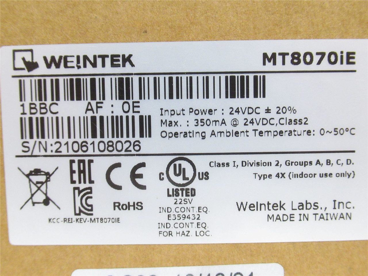Weintek MT8070IE; Touch Screen 7"TFT; 128MB; 500:1 Contrast