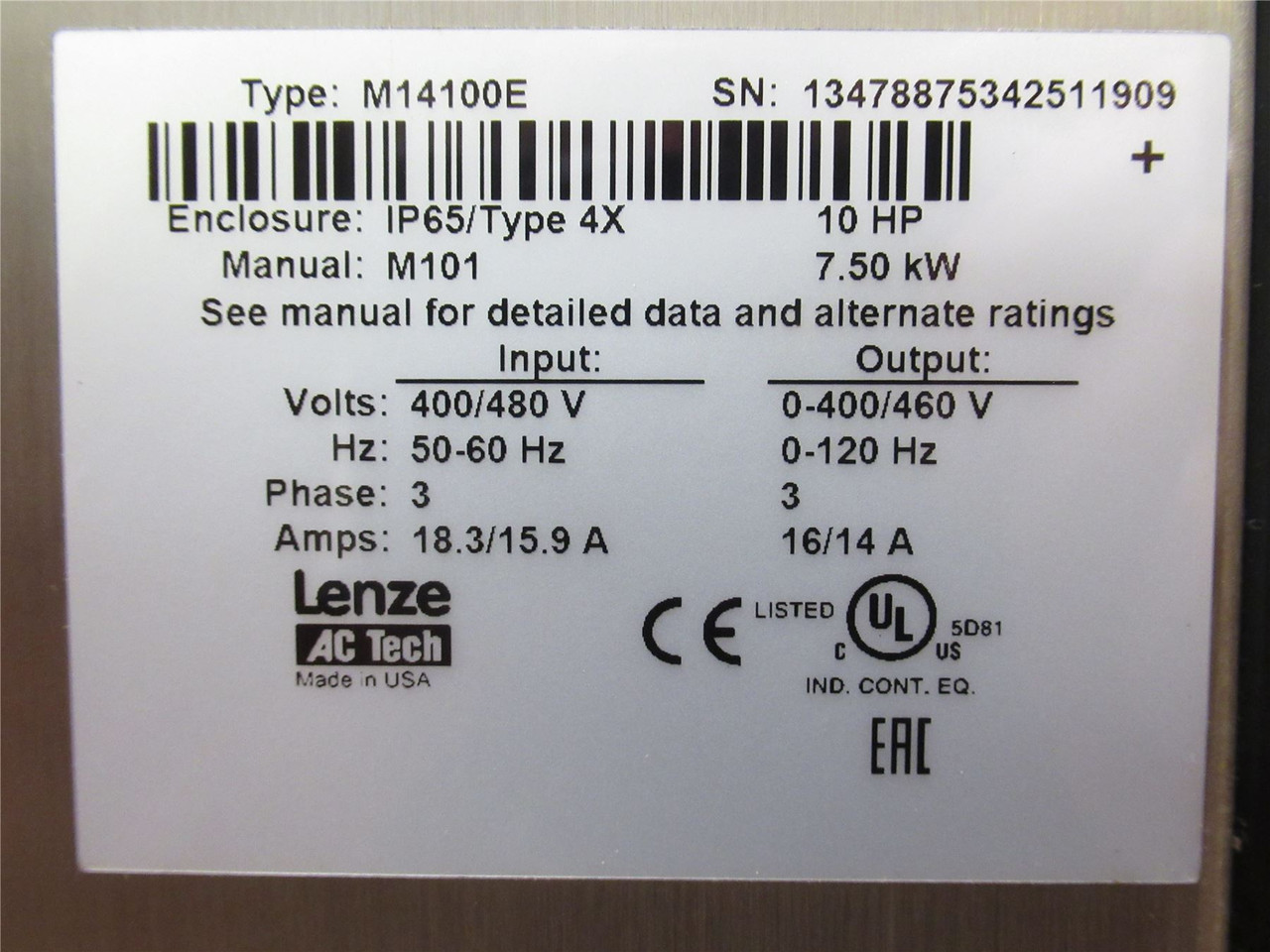 Lenze M14100E; Frequency Inverter; SS; 10HP; 400/480VAC; 3PH