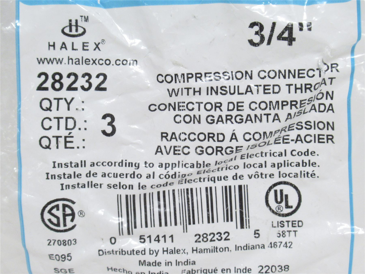 Halex 28232; Lot-3; EMT Compression Connectors; Size: 3/4"