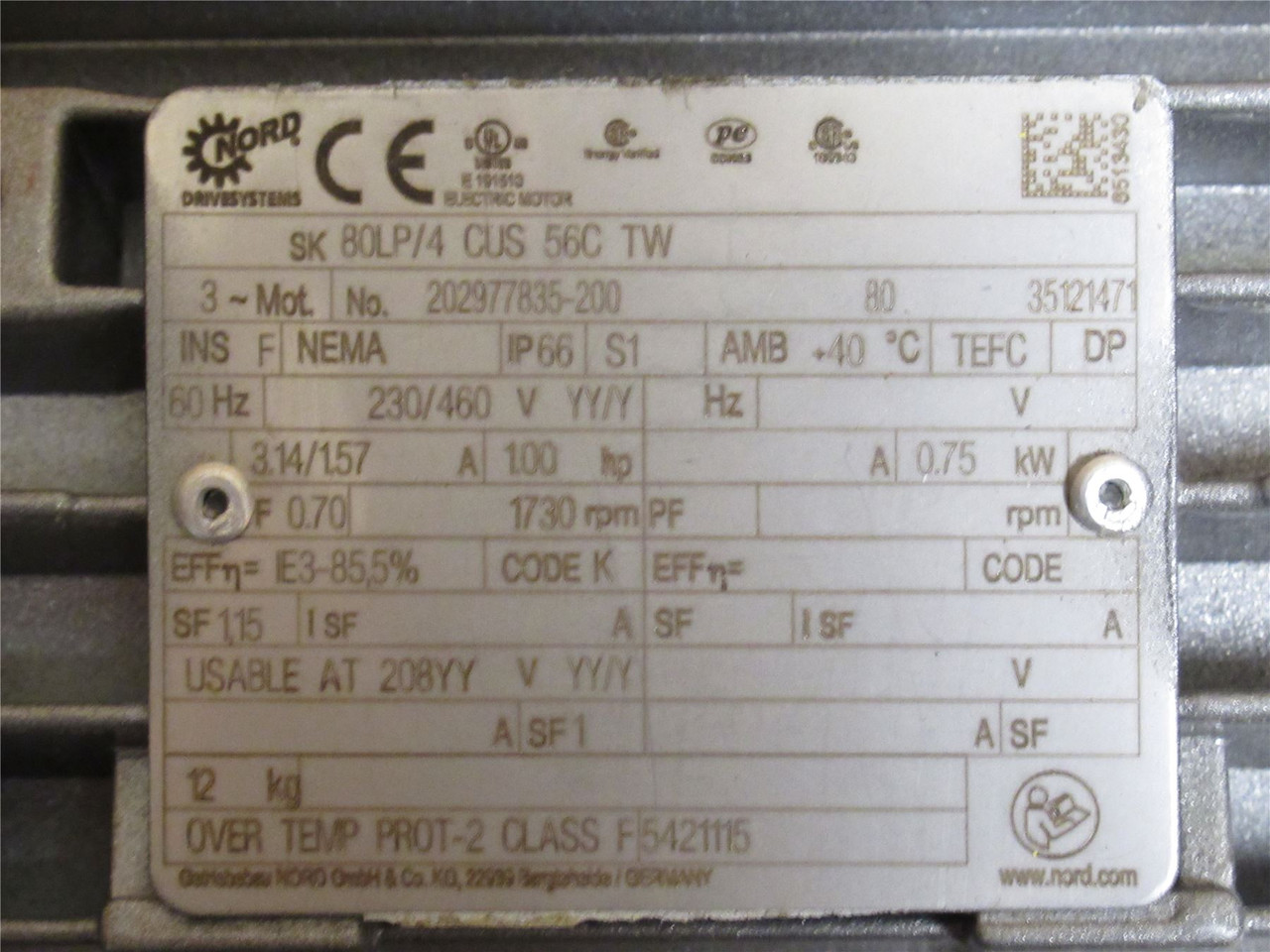Nord 93172.1V N56C-80LP/4; Gear Motor; 1HP; 63.78:1; 230/460V