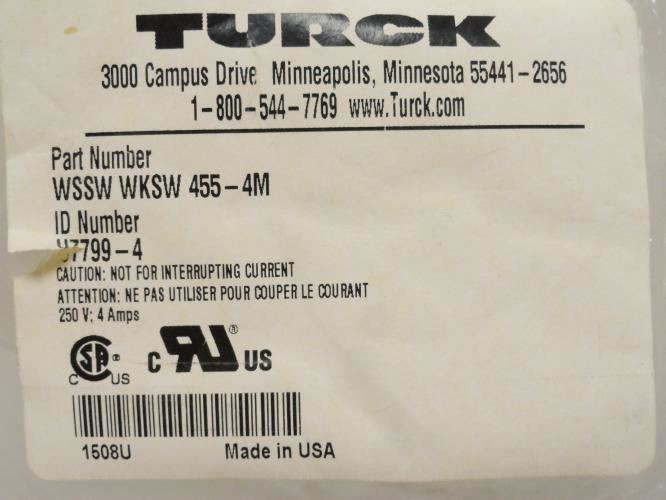 TURCK WSSW WKSW 455-4M; Cordset U7799-4; 4 Amp; 250VAC