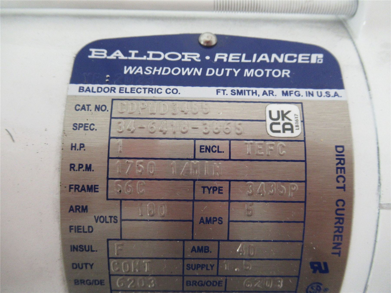 Baldor CDPWD3455; DC Motor 1HP1750RPM 180VDC Frame 56C