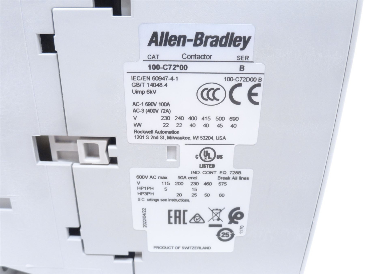 Allen-Bradley 100-C72D00; Contactor; 3P 90A 600V; Coil 120VAC