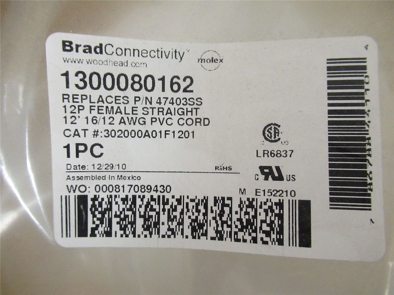 Molex 1300080162; Cable 12P Female Straight 12' 16/12 AWG