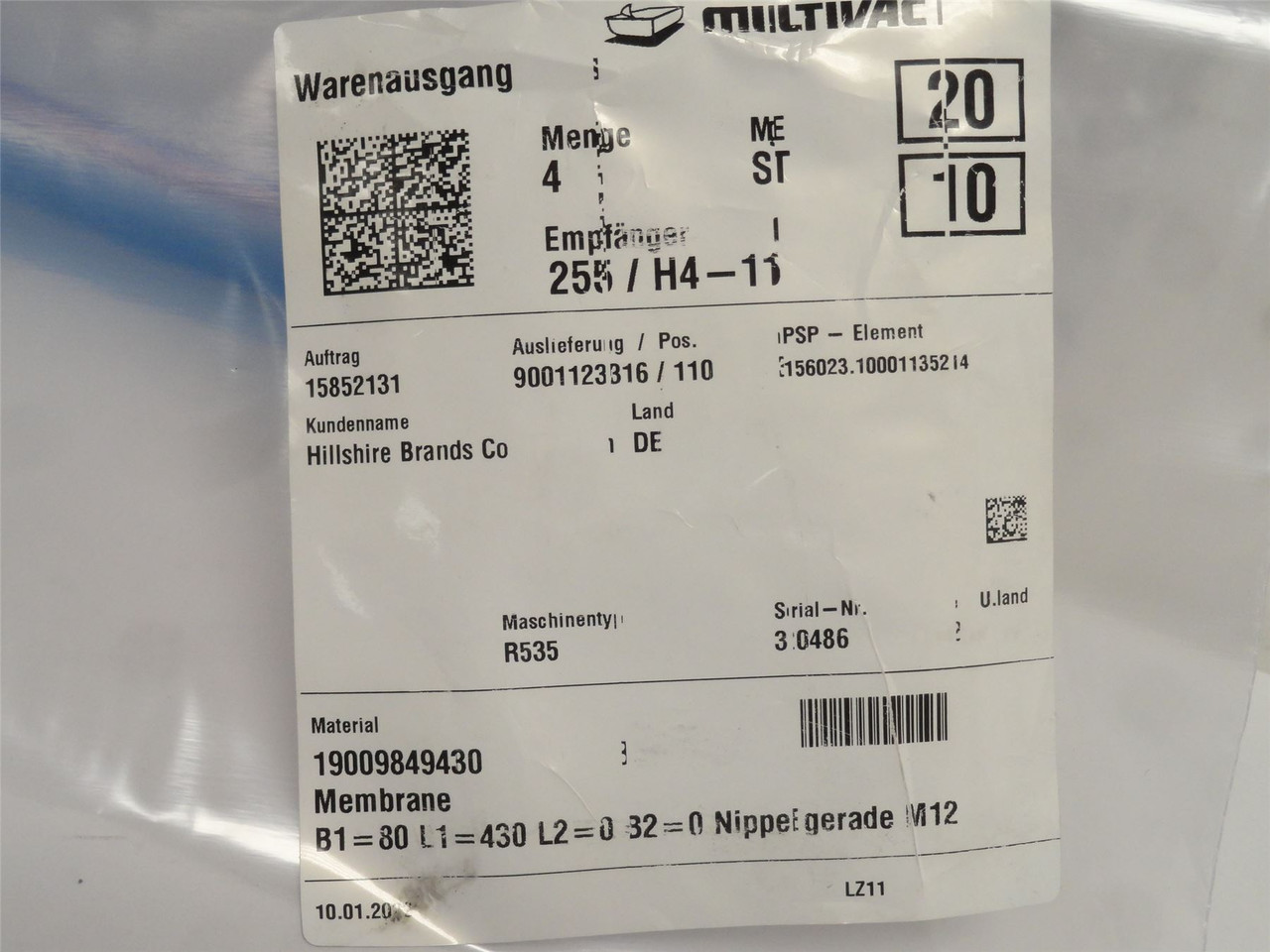 Multivac 19009849430; Lot-3 Bladders; 80X430CFF