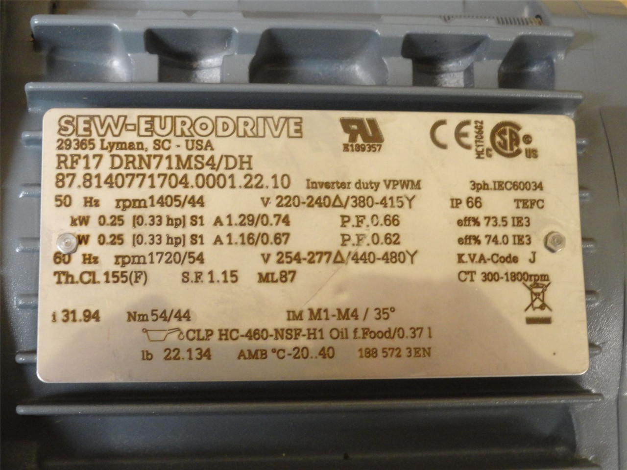 SEW RF17DRN71MS4/DH; AC Gearmotor 32:1 Ratio; 1/3HP; 440/480V