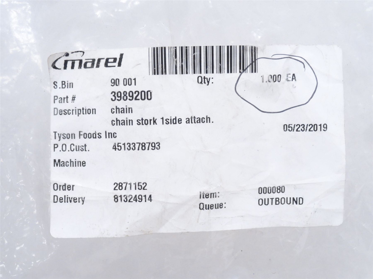 Marel 3989200; Leg Quarter Chain; SS; Side Attachment; 10' L