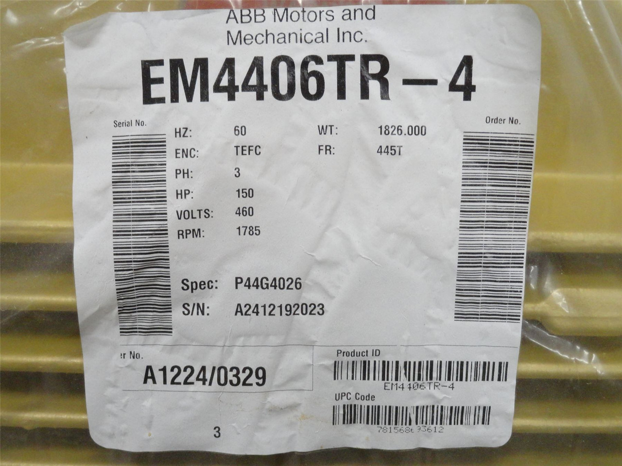 Baldor EM4406TR-4; AC Motor; 150HP; 460V; 1785RPM; 3PH; 60HZ