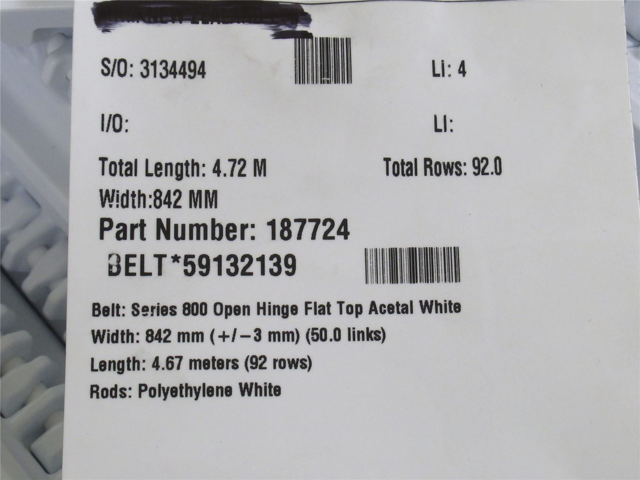 Intralox 18772459132139_; Open Hinge Flat Top15ft Total 842mmW