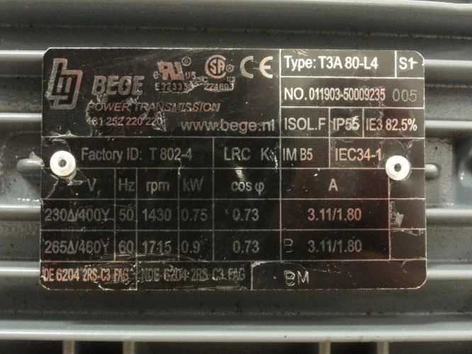 Bege T3A 80-L4; AC Motor; 0.73kW; 230/460V; 1715RPM; 3Ph