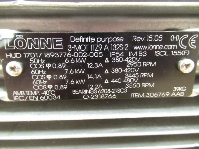 Lonne 3-MOTITZ9A132S-2; AC Motor; 7.6kW; 440-480V; 3550RPM