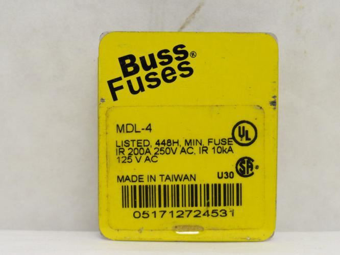 Bussmann MDL-4; Box-5; Time Lag Glass Fuses; 4A; 250VAC