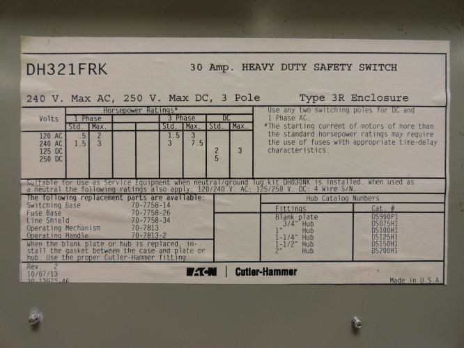 Eaton DH321FRK; Safety Switch; 30A; 3P; 240VAC/250VDC; NEMA 3R