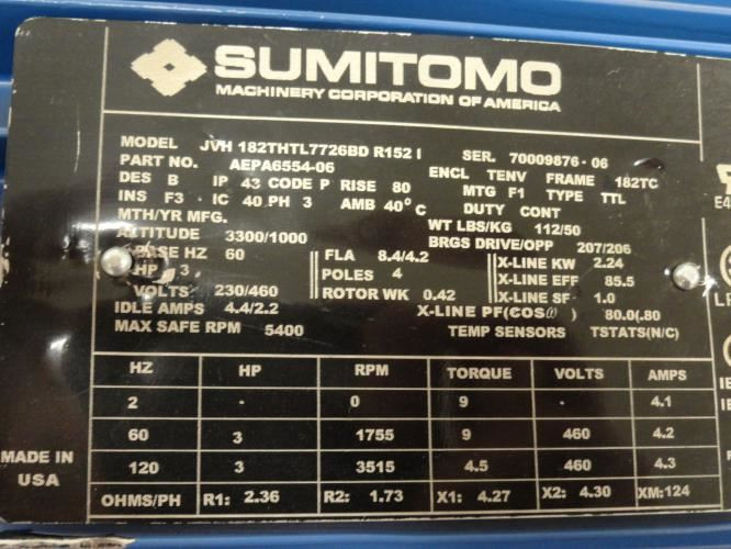Sumitomo CVVJMS3-6175DC-121; AC Gearmotor 121:1 Ratio; 230/460V