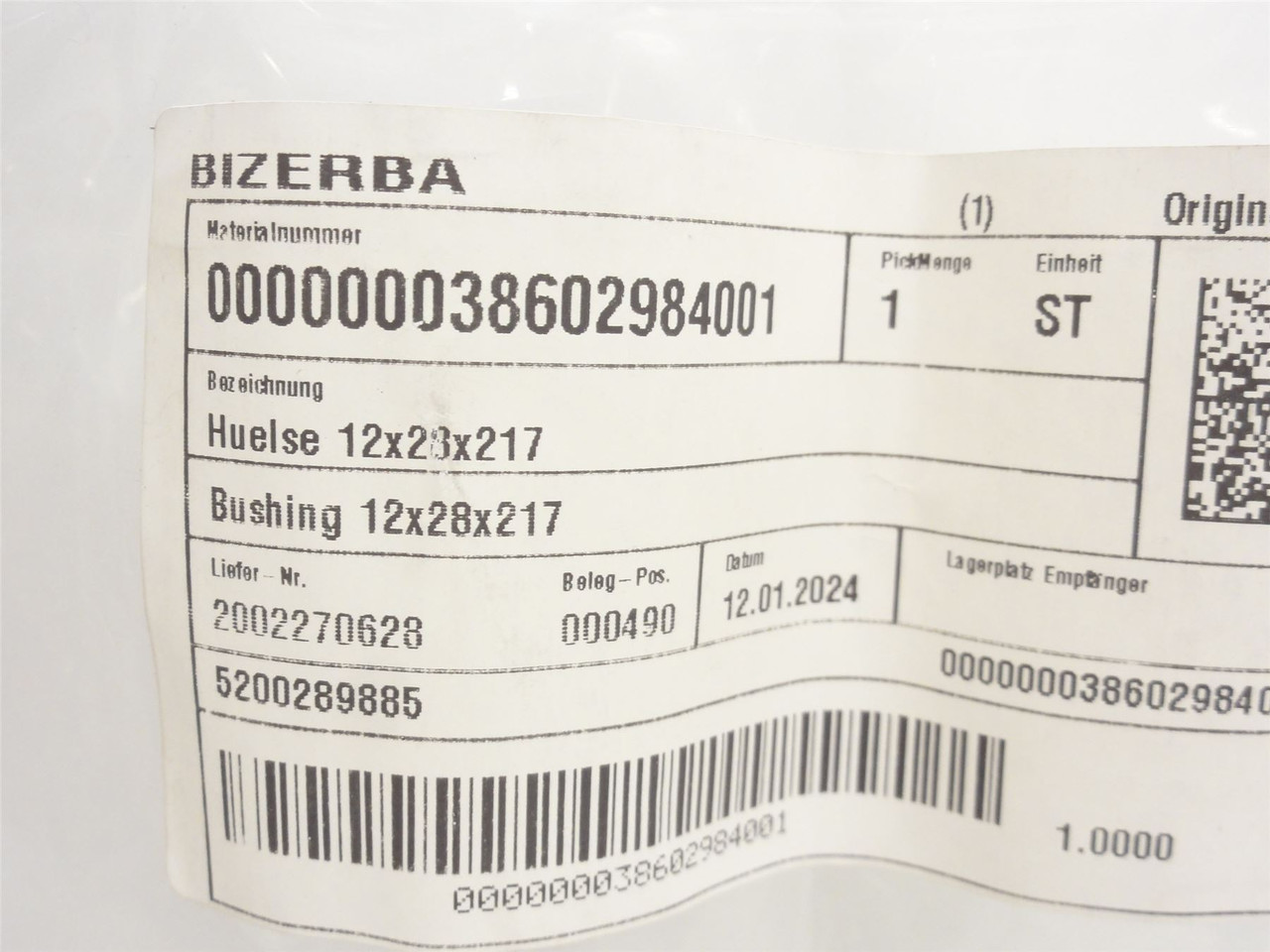 Bizerba 38602984000; Bushing; 12mmID x 28mmOD x 217mm Long
