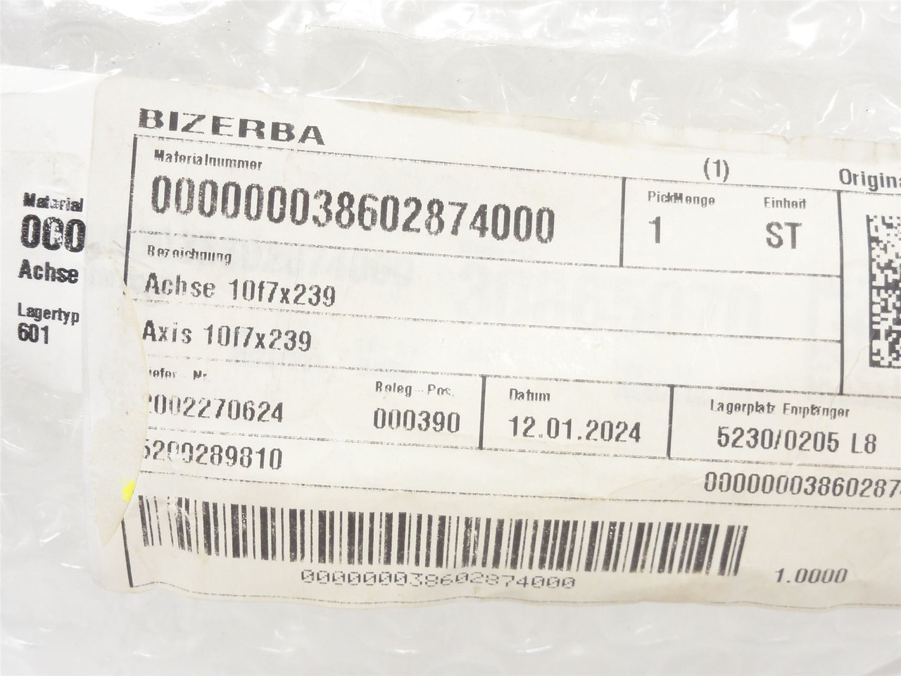 Bizerba 38602874000; Axis Shaft; SS; 10mmOD x 239mm Long