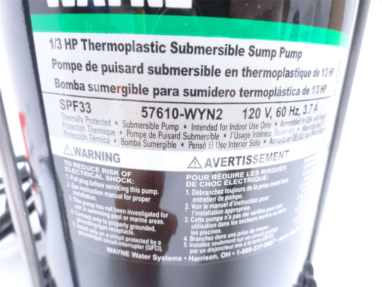 Wayne 57610-WYN2; Sump Pump W/Float Switch 1/3HP 120VAC